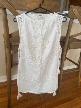 White Crochet Detail Sleeveless Tunic Dress- can be a beach coverup